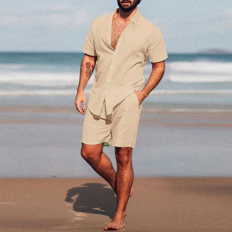 Herren nan zweiteiliges Sommerfreizeitensemble mit offenem Hemdkragen und lockeren knielangen Shorts Nord Taschen