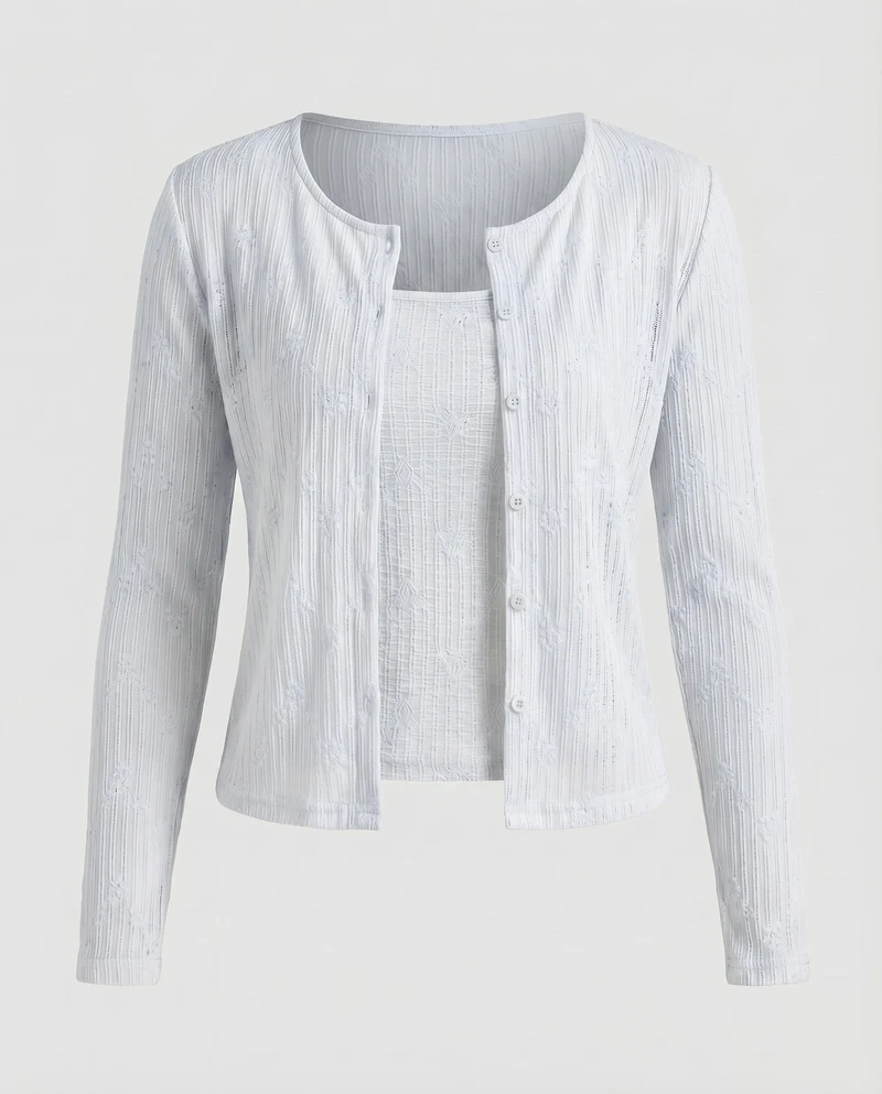 Damen Baumwoll-Voile Strickjacke Punktstruktur Knopfleiste
