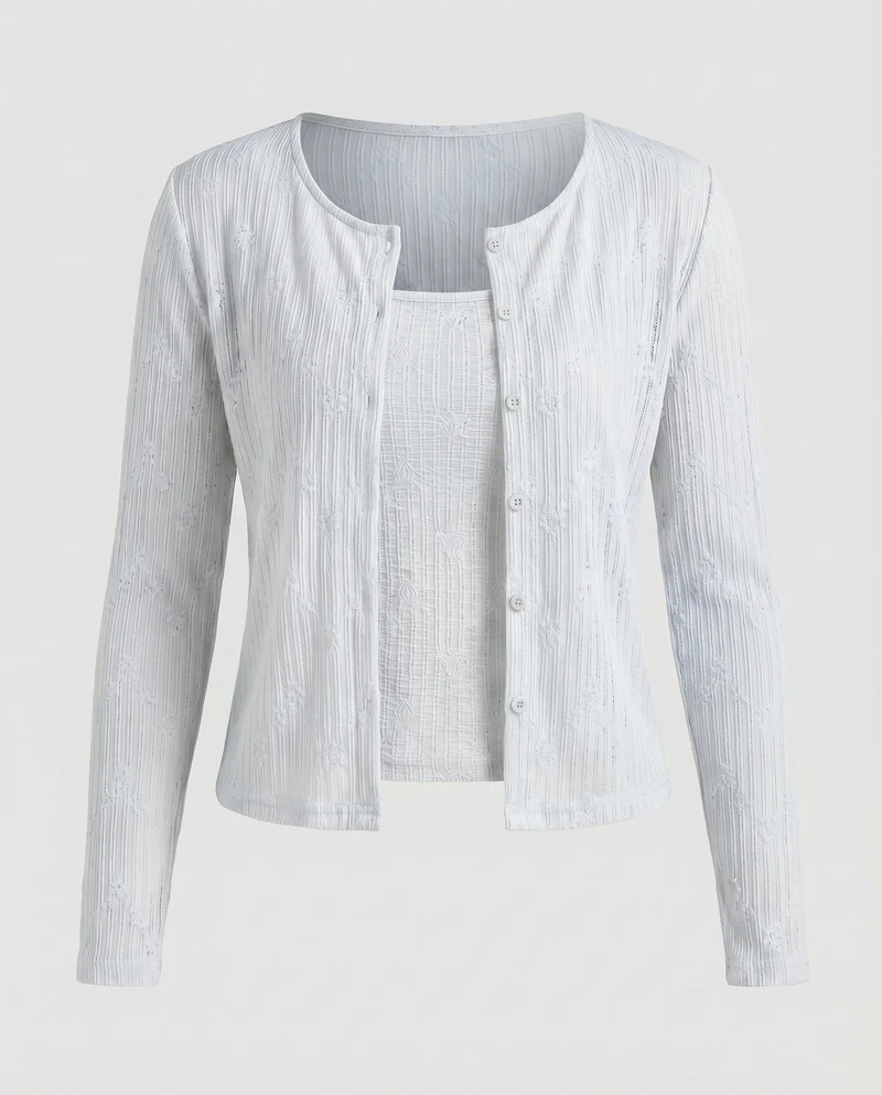 Damen Baumwoll-Voile Strickjacke Punktstruktur Knopfleiste