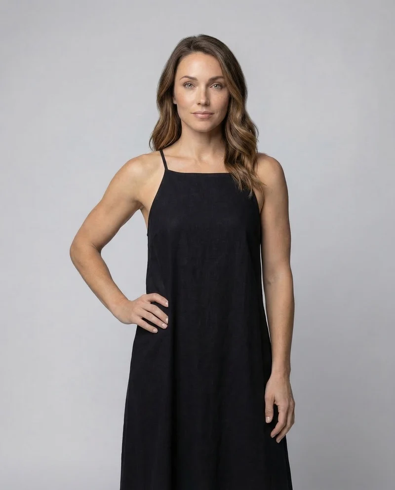 Damen Viskose-Leinen-Maxikleid Spaghettiträger