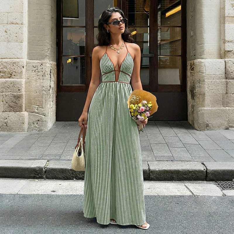 Damen Maxi-Kleid mit tiefem V-Ausschnitt und raffiniertem Streifenmuster