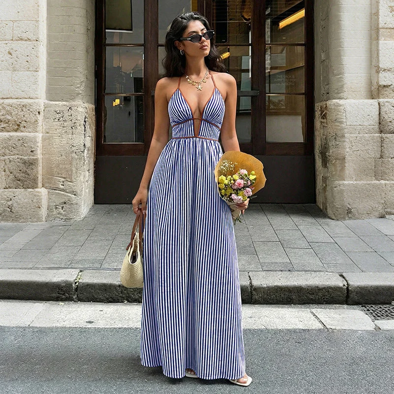 Damen Maxi-Kleid mit tiefem V-Ausschnitt und raffiniertem Streifenmuster