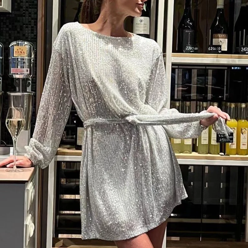 Damen Glamouröses Cocktailkleid mit funkelnden Lurex-Fäden und elastischem Taillengürtel