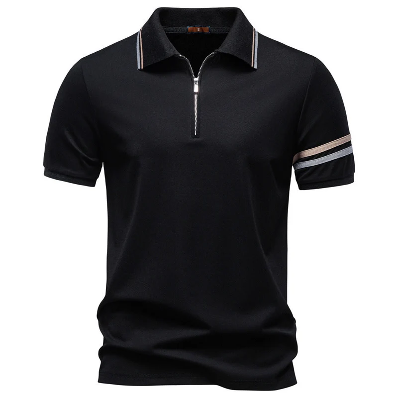 Herren nan atmungsaktives elastisches Poloshirt mit kurzem Reißverschluss und Kontraststreifen an Ärmeln