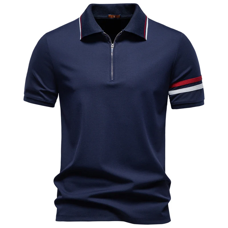 Herren nan atmungsaktives elastisches Poloshirt mit kurzem Reißverschluss und Kontraststreifen an Ärmeln