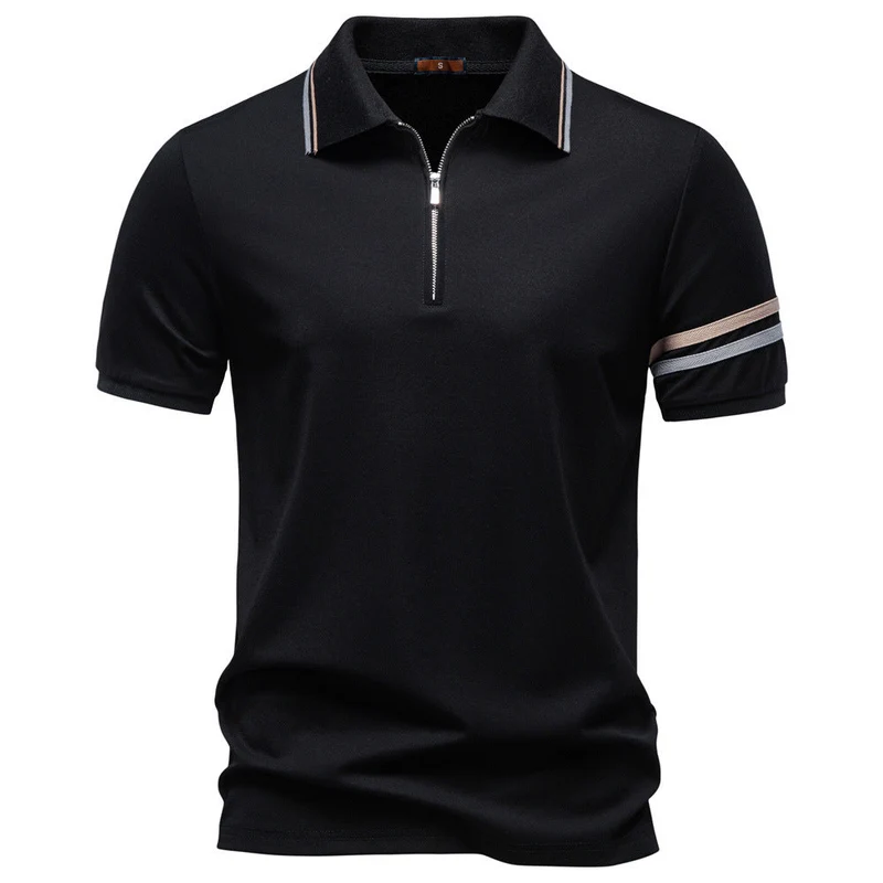 Herren nan atmungsaktives elastisches Poloshirt mit kurzem Reißverschluss und Kontraststreifen an Ärmeln
