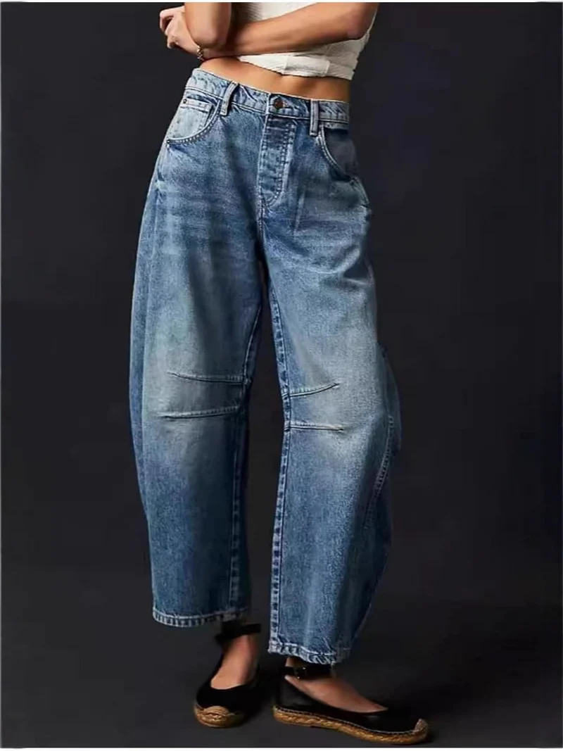 Damen Lässige Weite Denim-Hose mit Tunnelzug