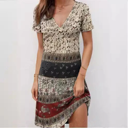 Damen Kurzarmkleid mit modischem V-Ausschnitt und kreativem Muster