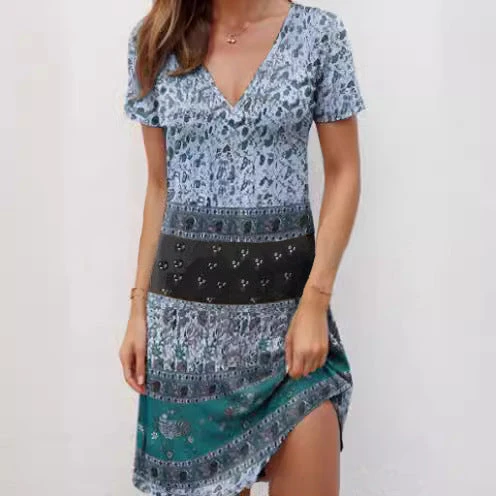 Damen Kurzarmkleid mit modischem V-Ausschnitt und kreativem Muster