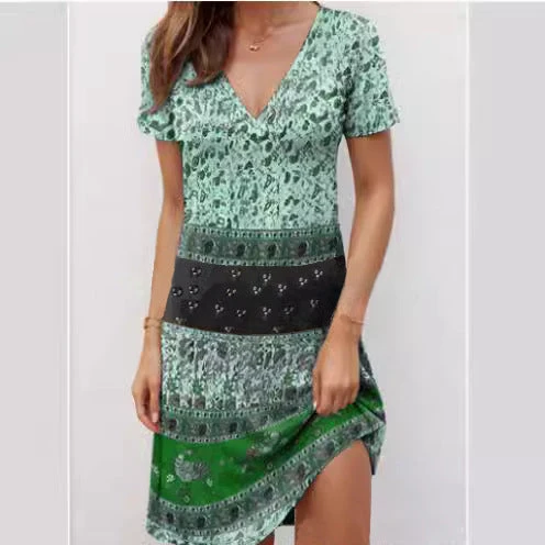 Damen Kurzarmkleid mit modischem V-Ausschnitt und kreativem Muster