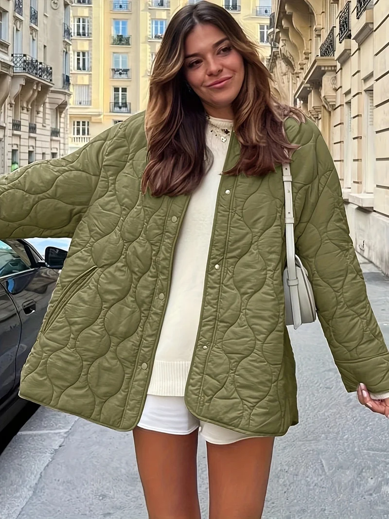 Damen Steppjacke mit großen Taschen und Rundhalsausschnitt