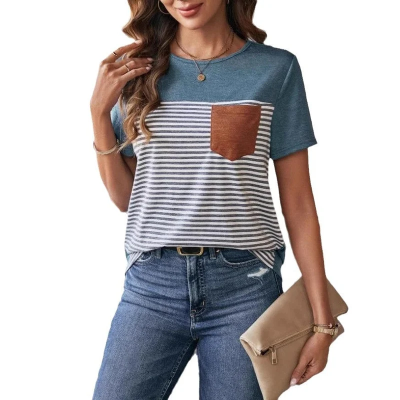 Damen Trendiges T-Shirt mit gestreiftem Design und Leder-Tasche