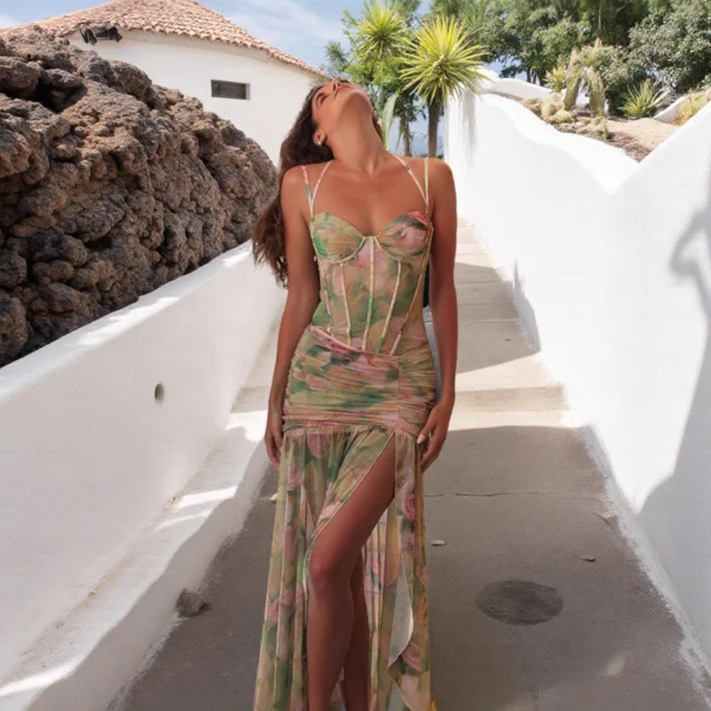 Damen Maxi-Kleid mit verführerischem Schlitz und elegantem Rüschendesign