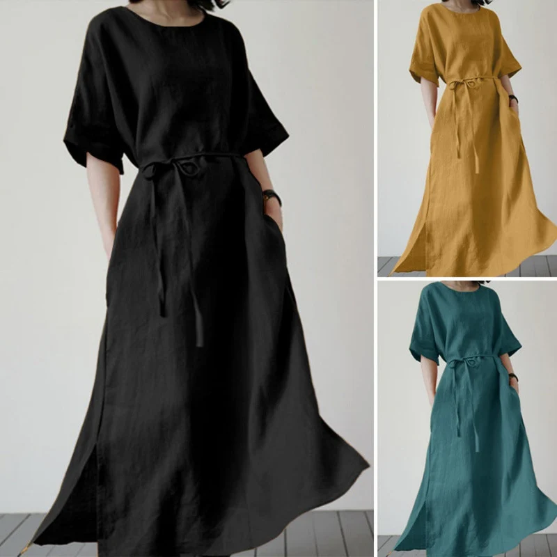 Damen Leinenmaxikleid mit weit geschnittenen Ärmeln und Taillengürtel