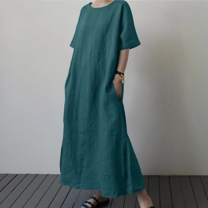 Damen Leinenmaxikleid mit weit geschnittenen Ärmeln und Taillengürtel