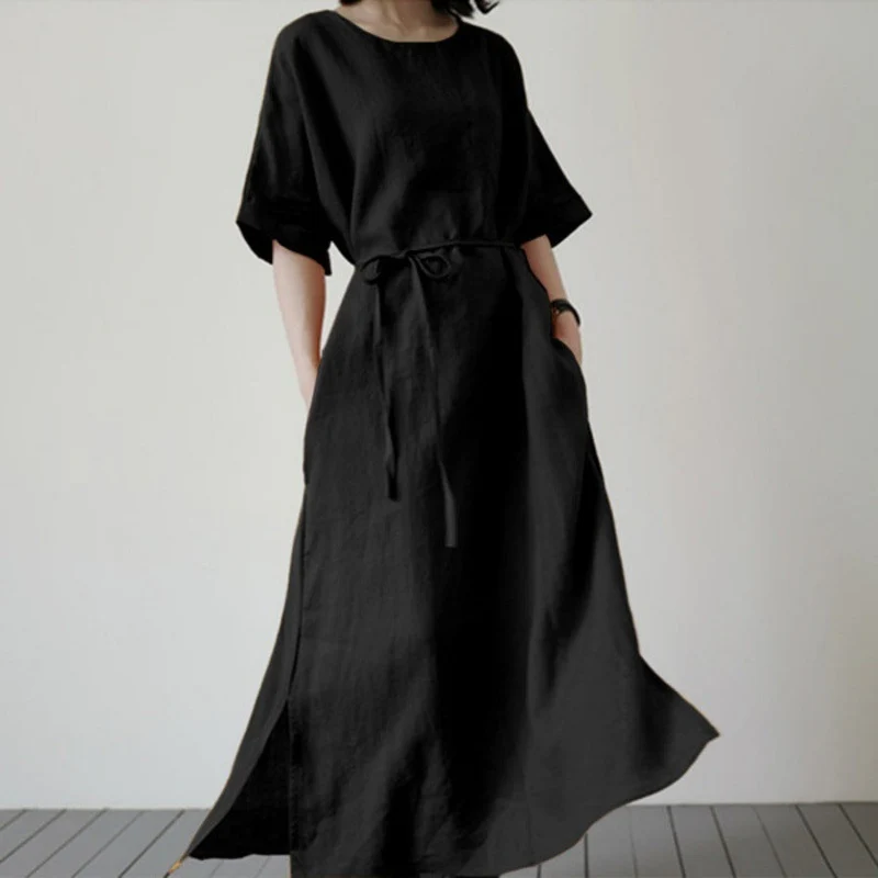 Damen Leinenmaxikleid mit weit geschnittenen Ärmeln und Taillengürtel