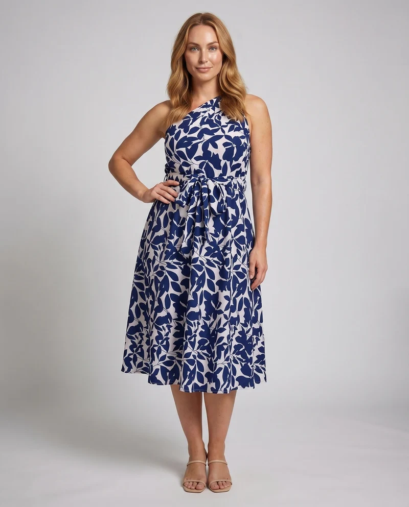 Damen Einschulter-Midikleid Taillengürtel A-Linie Asymmetrisch