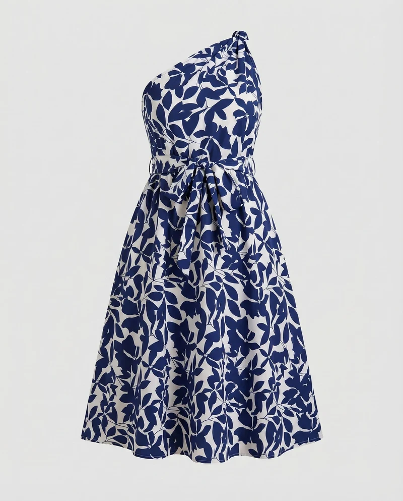 Damen Einschulter-Midikleid Taillengürtel A-Linie Asymmetrisch