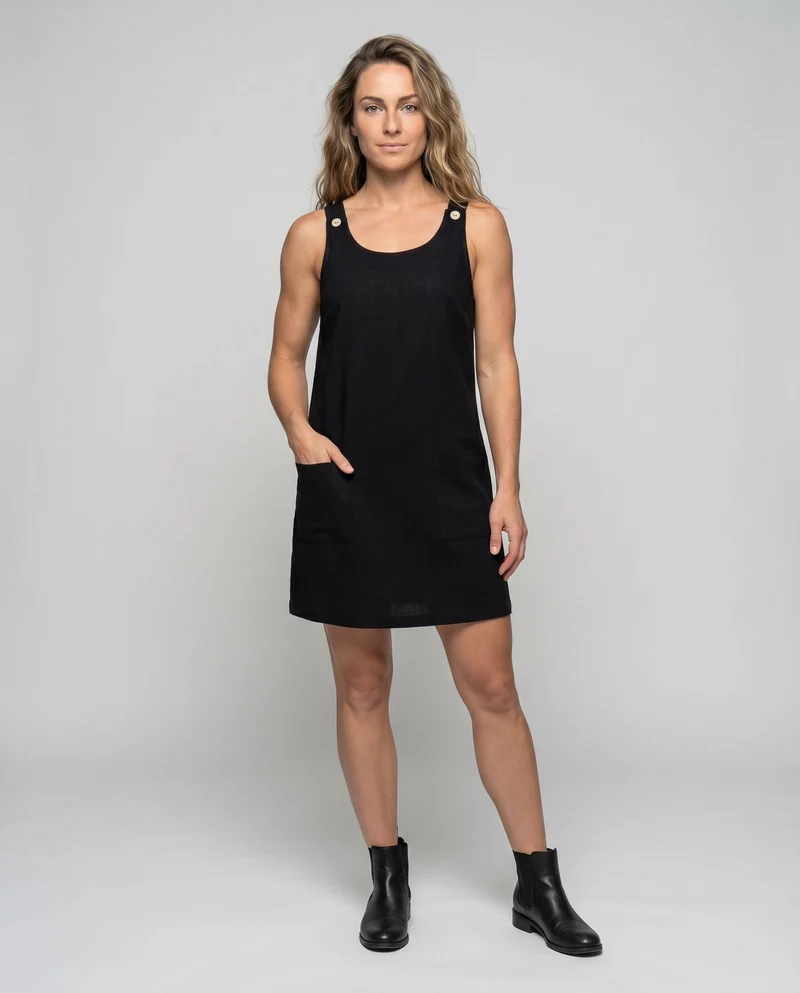 Damen Ärmelloses Leinenkleid Knopfträger Seitentaschen Lässig