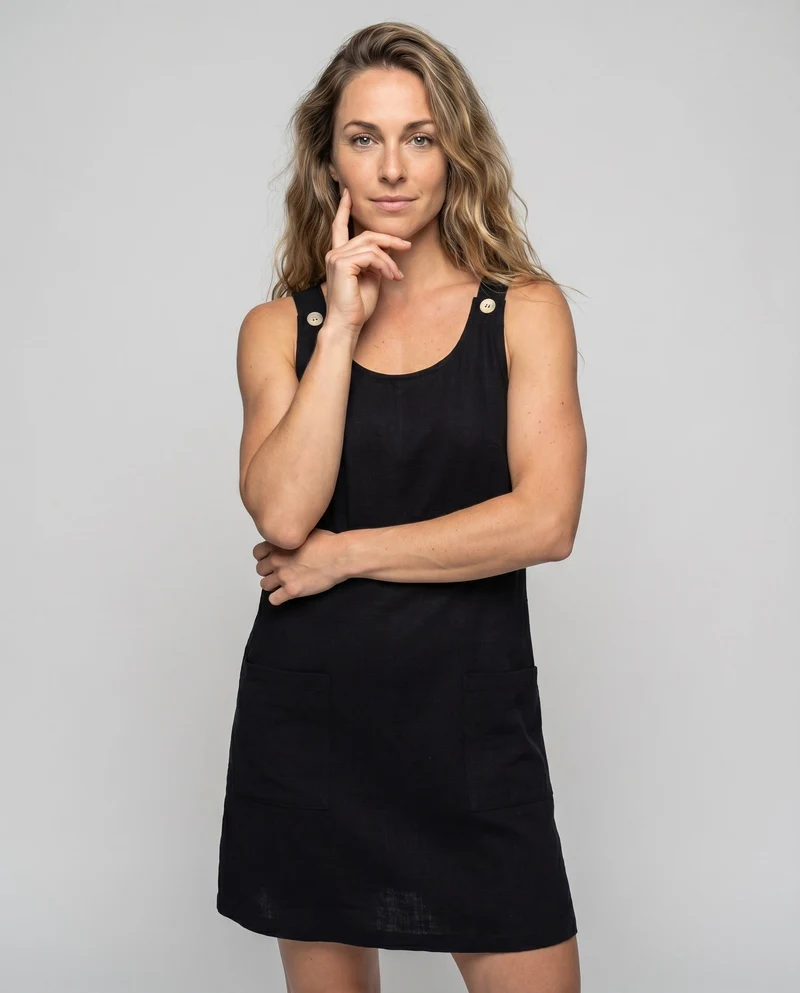 Damen Ärmelloses Leinenkleid Knopfträger Seitentaschen Lässig