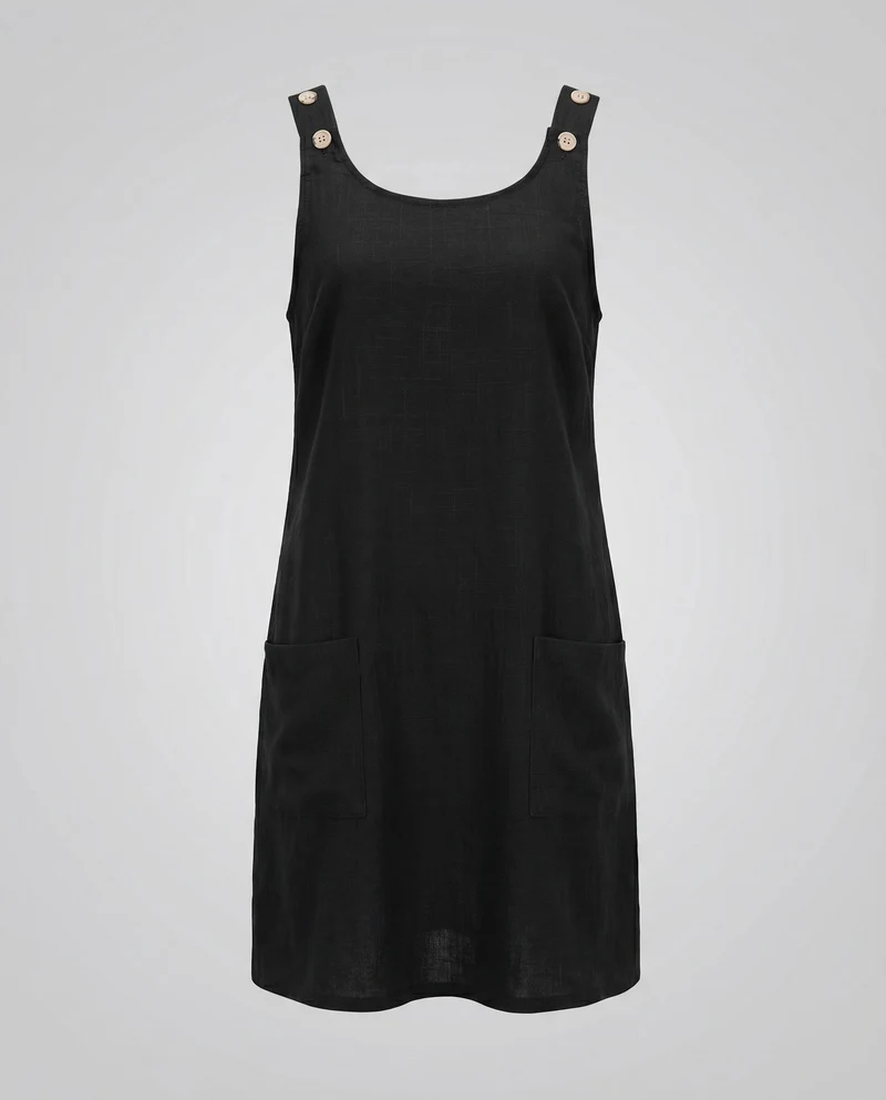 Damen Ärmelloses Leinenkleid Knopfträger Seitentaschen Lässig