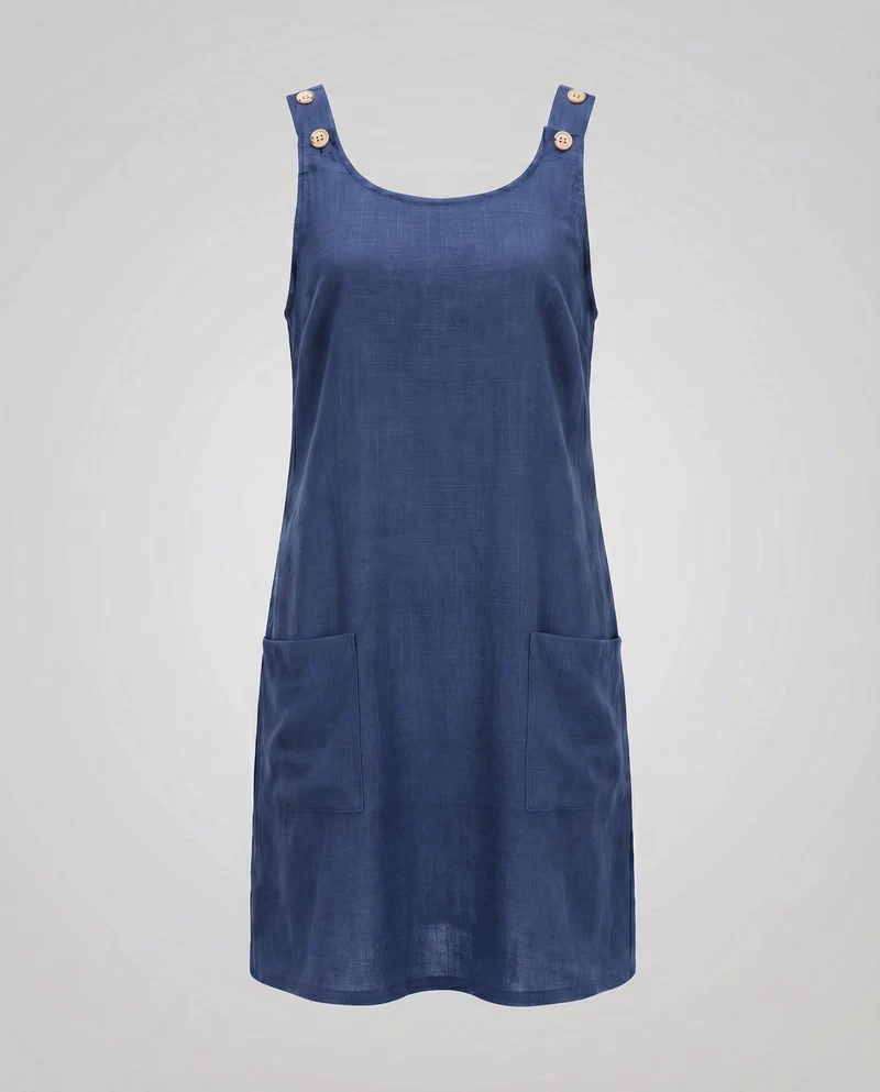 Damen Ärmelloses Leinenkleid Knopfträger Seitentaschen Lässig