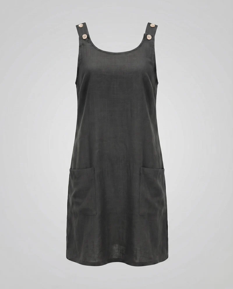 Damen Ärmelloses Leinenkleid Knopfträger Seitentaschen Lässig
