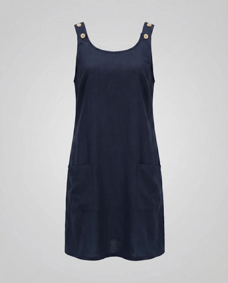 Damen Ärmelloses Leinenkleid Knopfträger Seitentaschen Lässig