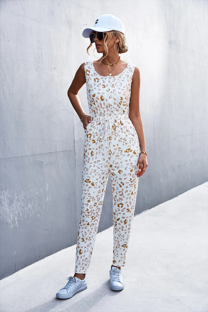 Damen lässiger Jumpsuit mit elegantem Leo-Design und praktischen Taschen