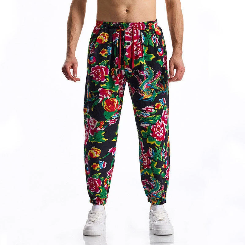 Herren lässige Haremshose mit buntem Blumenmuster und Gummizug
