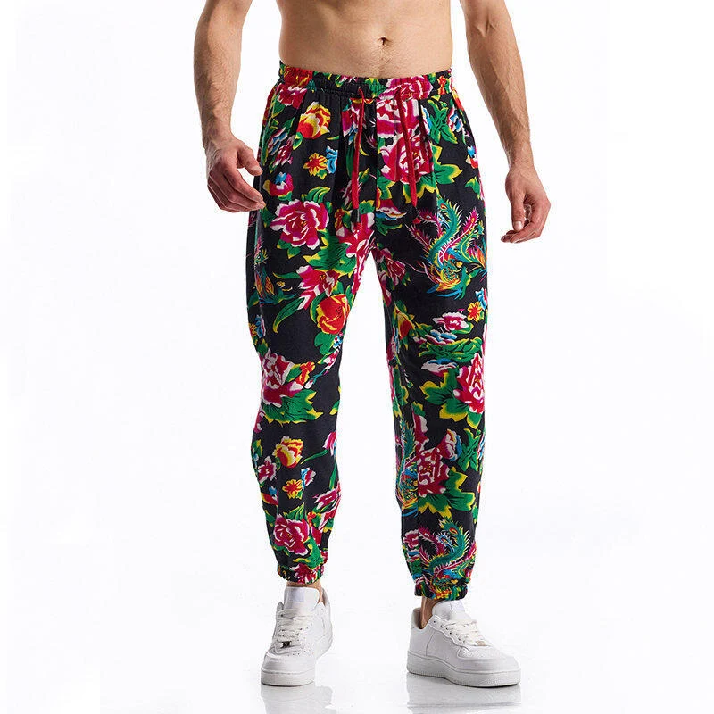 Herren lässige Haremshose mit buntem Blumenmuster und Gummizug