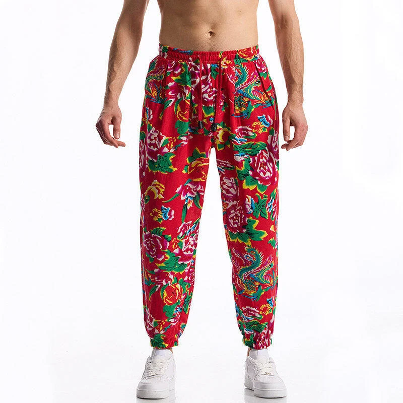 Herren lässige Haremshose mit buntem Blumenmuster und Gummizug