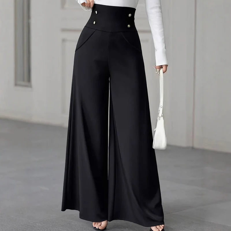 Damen Weite High-Waist Hose mit dekorativen Knöpfen