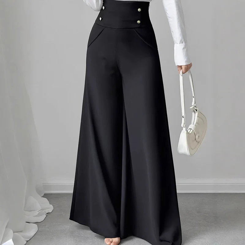 Damen Weite High-Waist Hose mit dekorativen Knöpfen