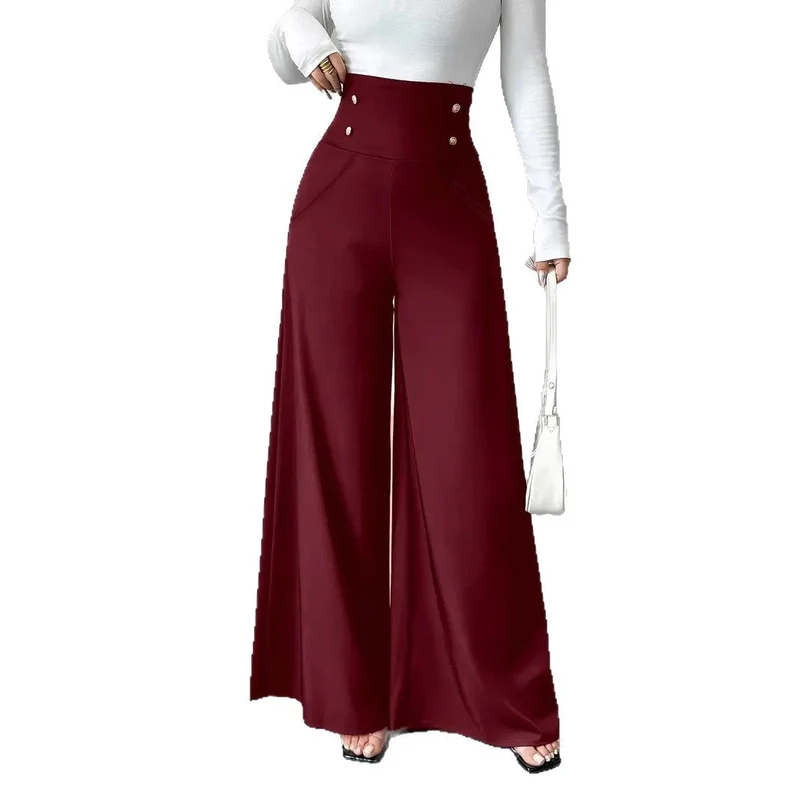 Damen Weite High-Waist Hose mit dekorativen Knöpfen