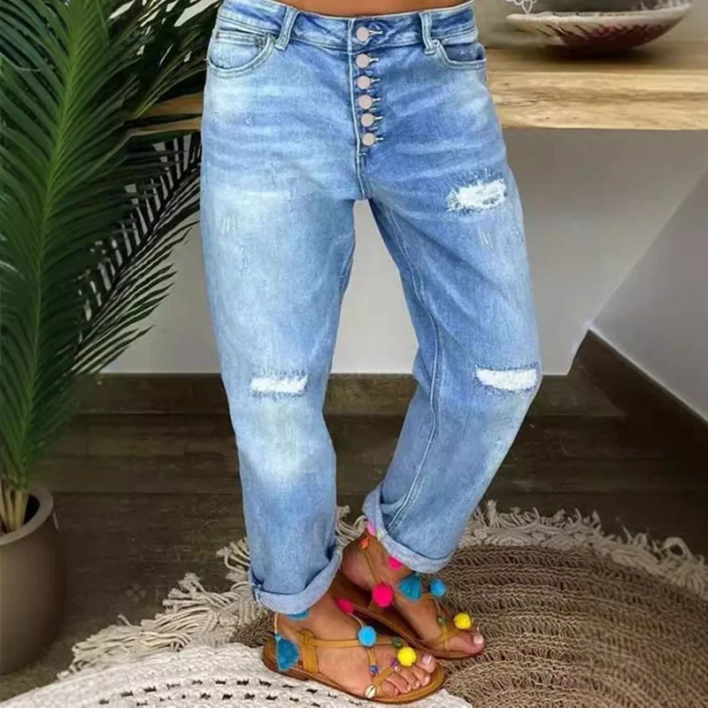 Damen Boyfriend Jeans mit Knopfverschluss und Distressed-Details