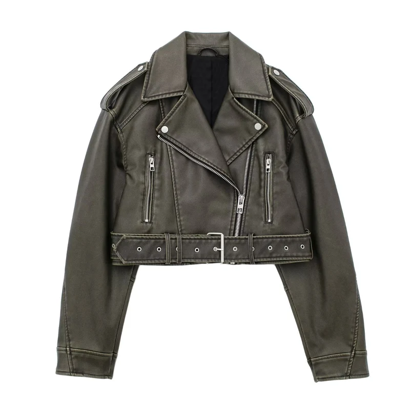 Damen Lederjacke mit Reißverschluss und GürtelDetails