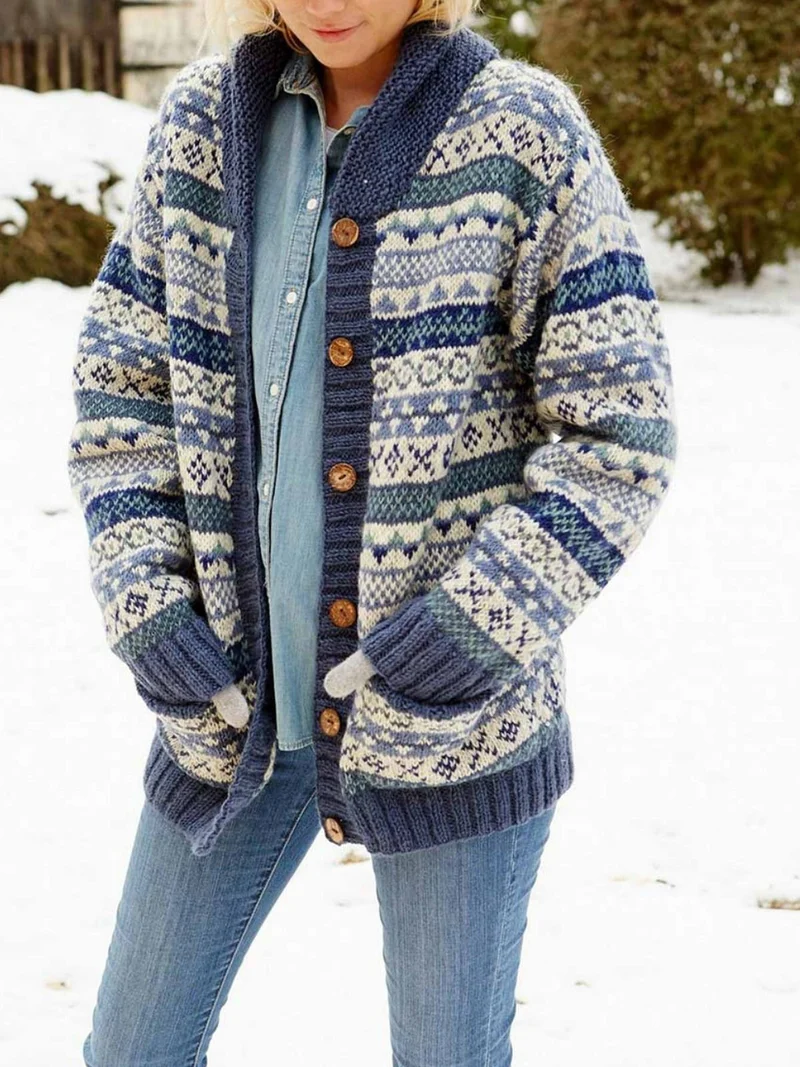 Strickjacke Wollstrick Lässige Passform Schalkragen Fair Isle Muster Druckknopf Vorne