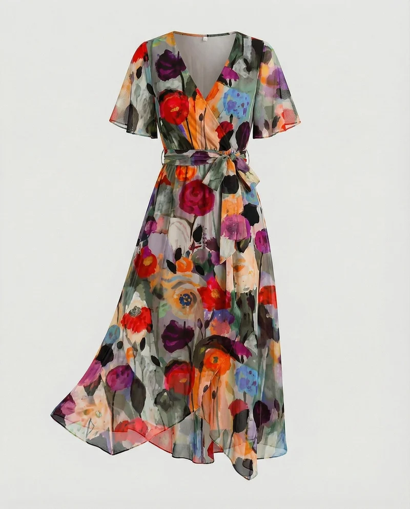 Damen Midikleid Wickelkleid Chiffon