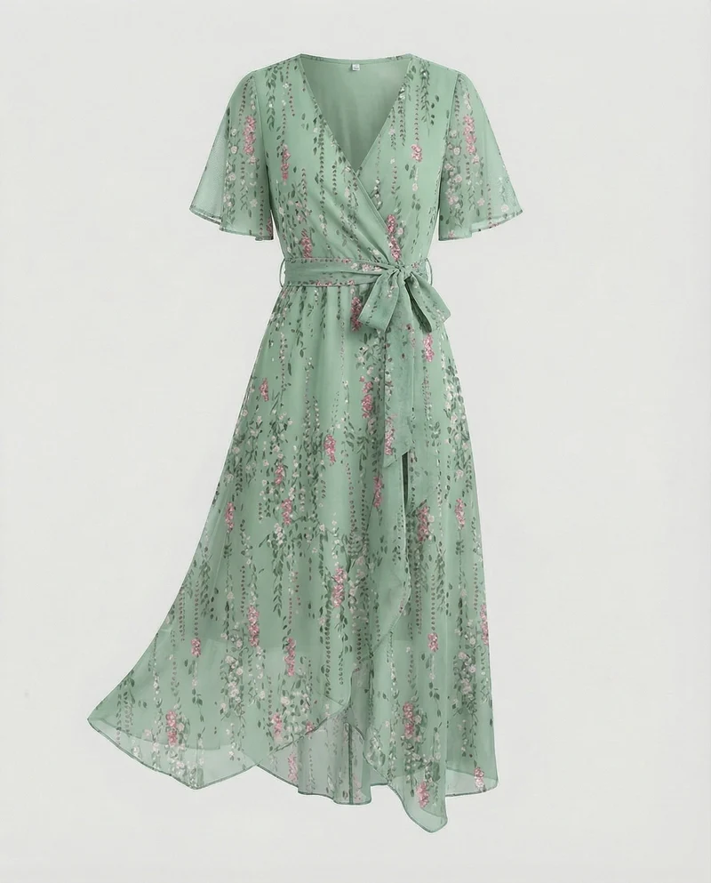 Damen Midikleid Wickelkleid Chiffon
