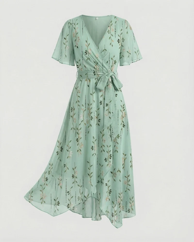Damen Midikleid Wickelkleid Chiffon
