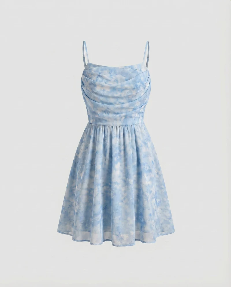 Damen Sommerkleid Gerafftes Bustier Rückenöffnung Spaghettiträger