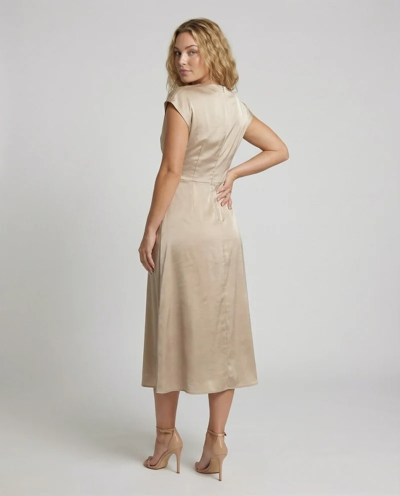 Damen Satin-Midikleid Taillenband Schwingrock