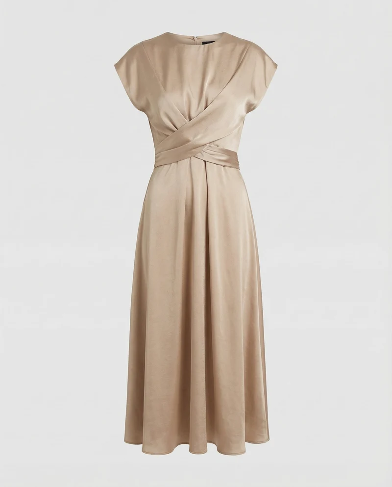 Damen Satin-Midikleid Taillenband Schwingrock