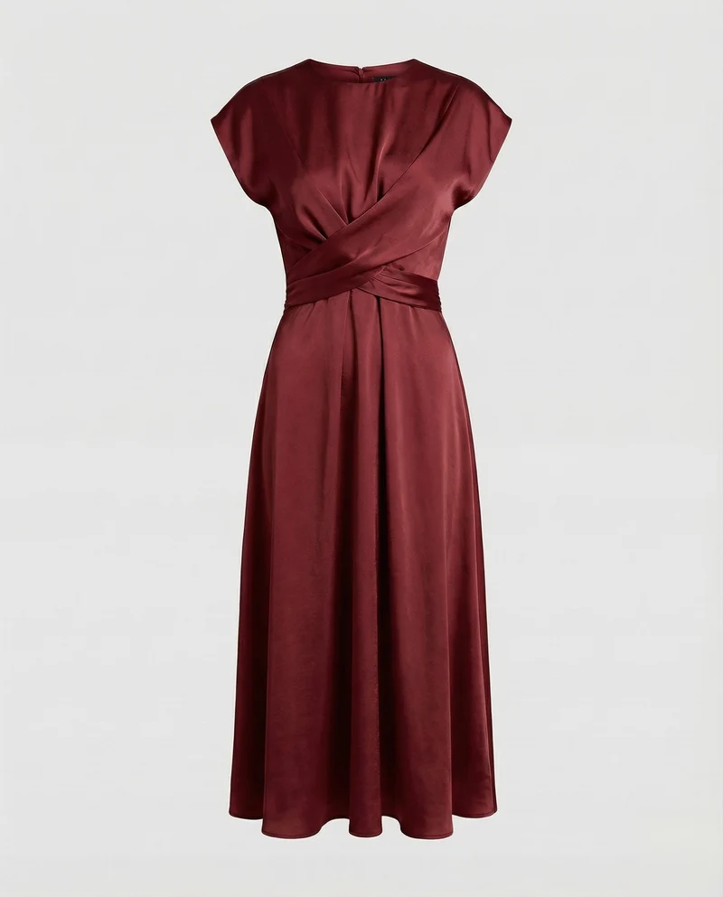 Damen Satin-Midikleid Taillenband Schwingrock