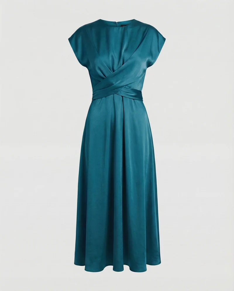 Damen Satin-Midikleid Taillenband Schwingrock