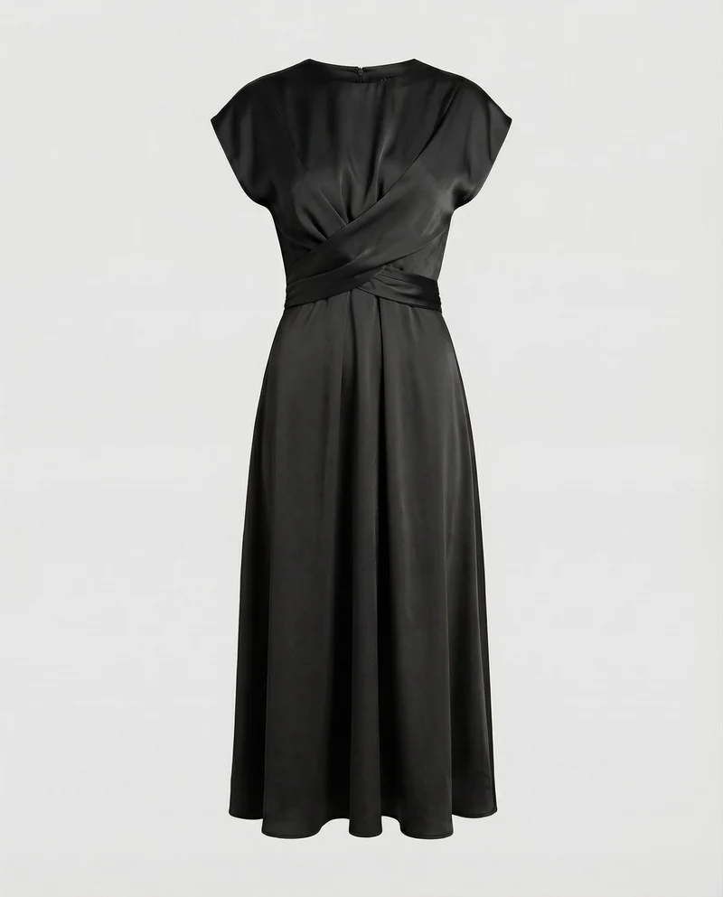 Damen Satin-Midikleid Taillenband Schwingrock