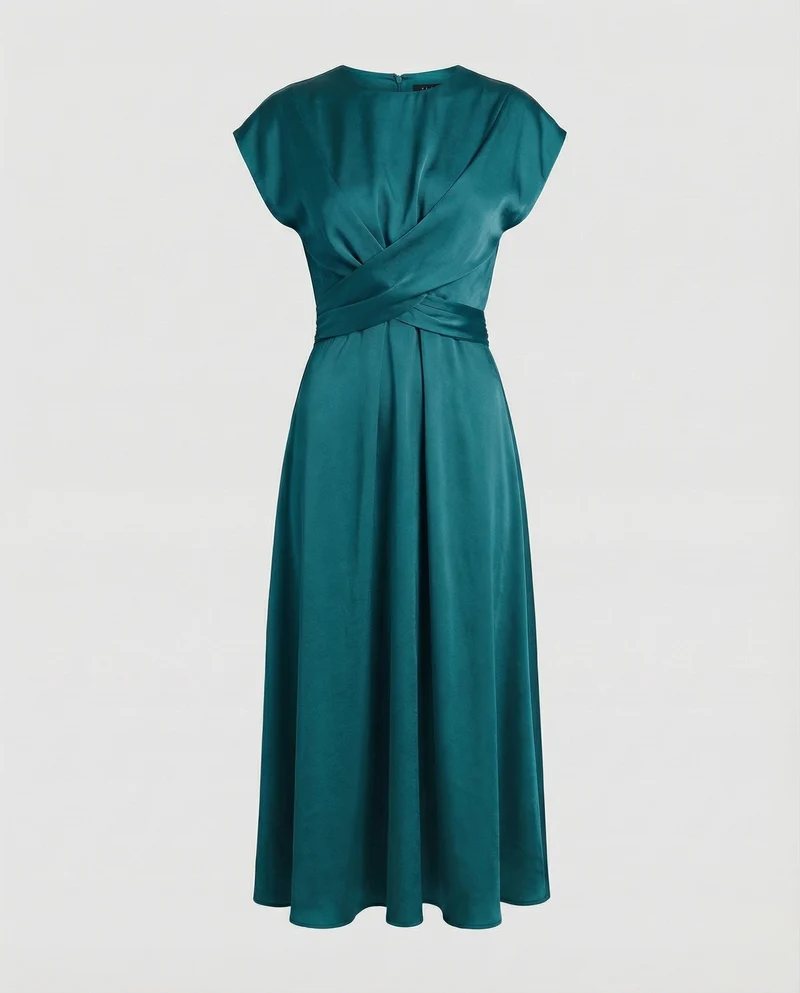 Damen Satin-Midikleid Taillenband Schwingrock