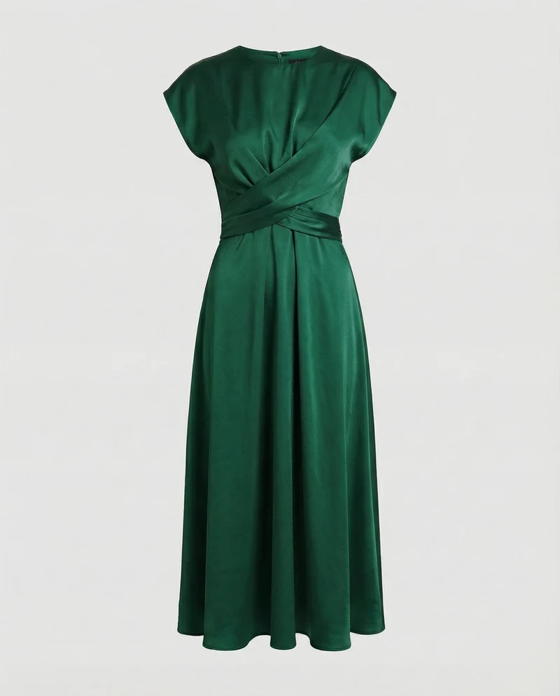 Damen Satin-Midikleid Taillenband Schwingrock