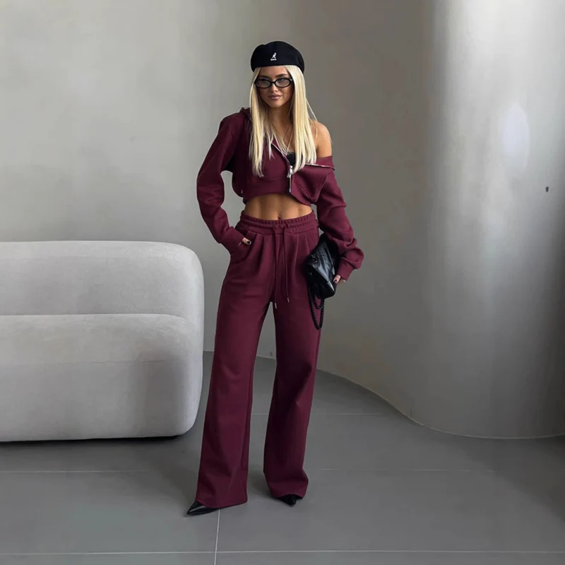 Damen stylisches Crop-Set aus Kapuzenpullover und bequemen Jogginghosen